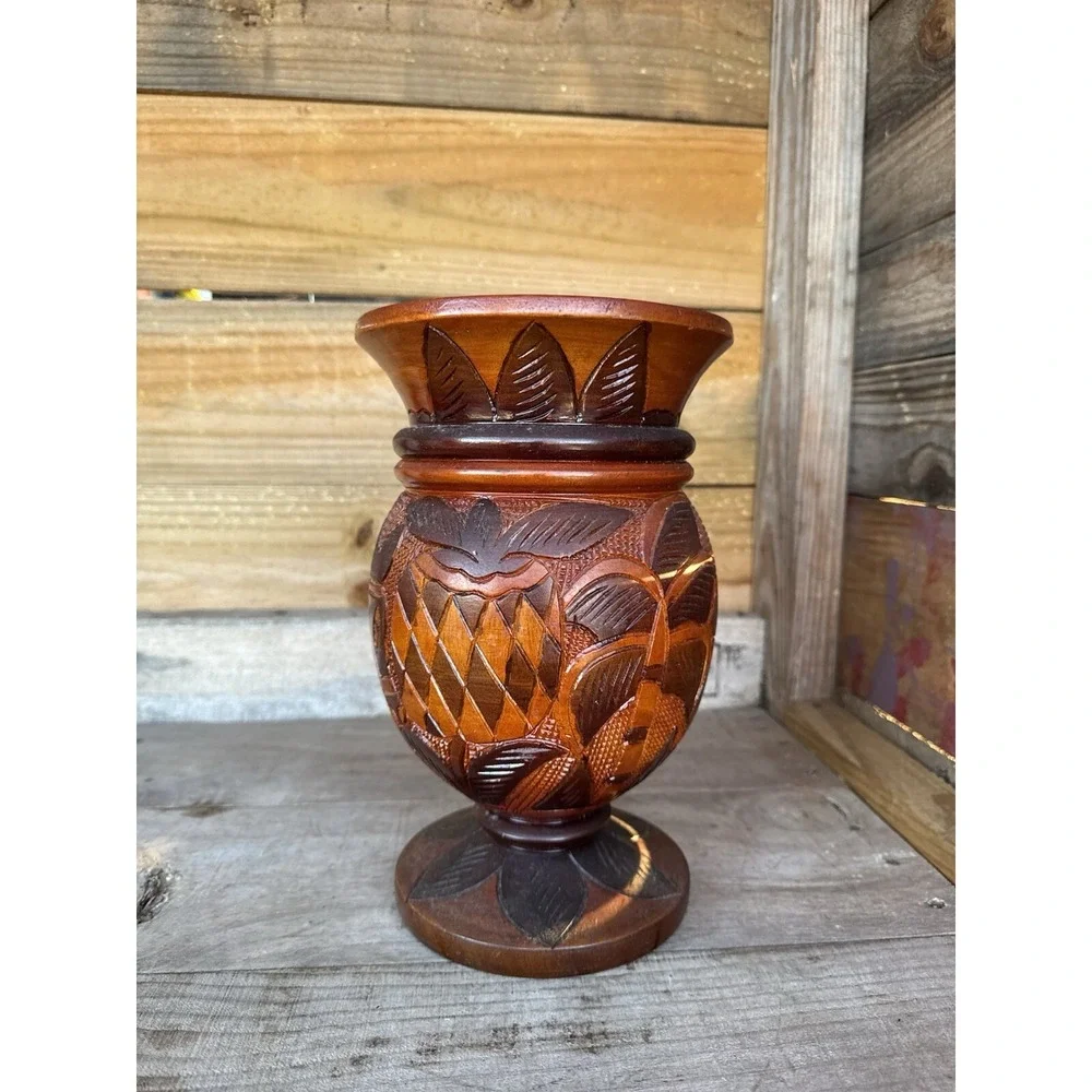 Vintage Hand Carved Wood  Bud Vase Folk Art Decor Flower Donkey‎ Palm Design